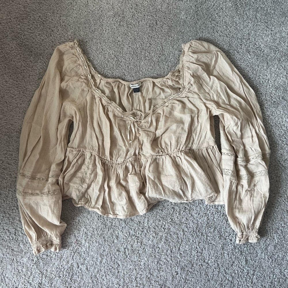 American Eagle Outfitters Beige Peasant Blouse with Tie Neck
